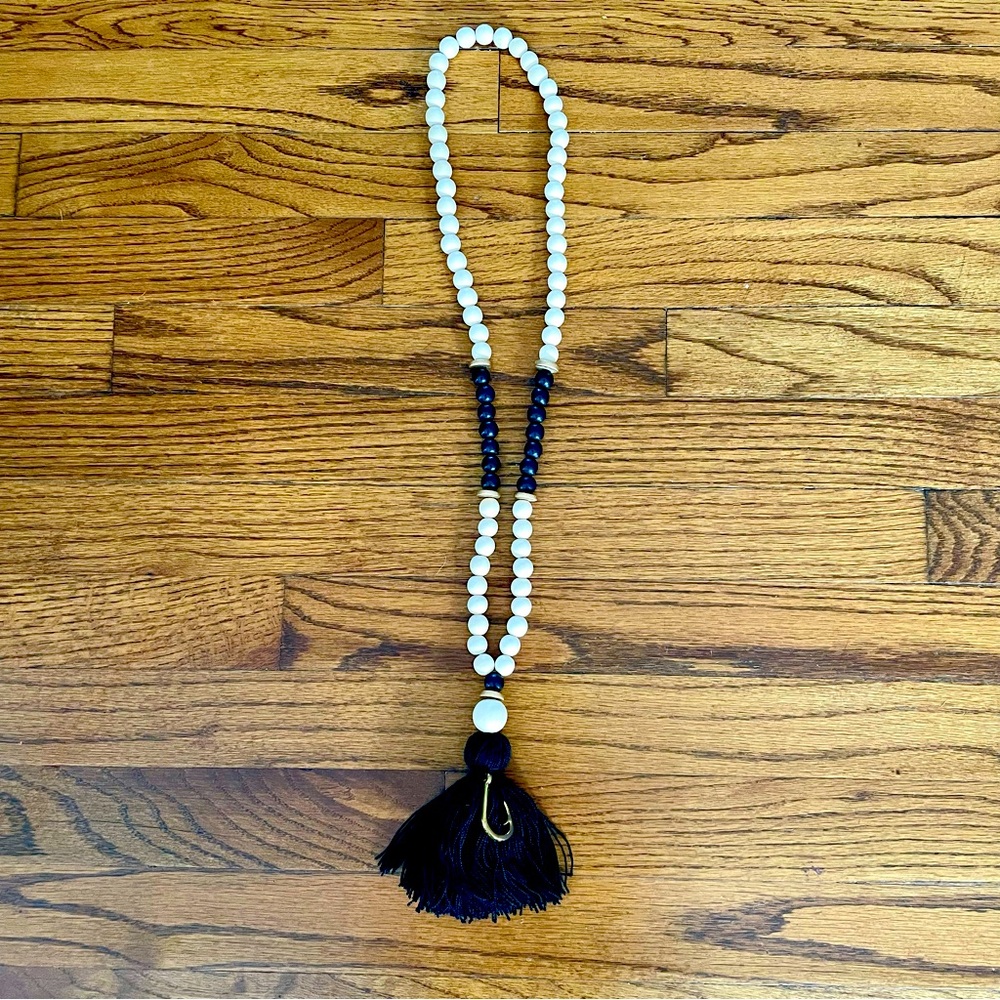 Black White Gold Wooden Bead Necklace with Black Tassel Fish Hook Charm